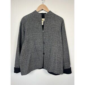 LL Bean Jacket Womens Large Black Gray Wool Herringbone Button Collarless